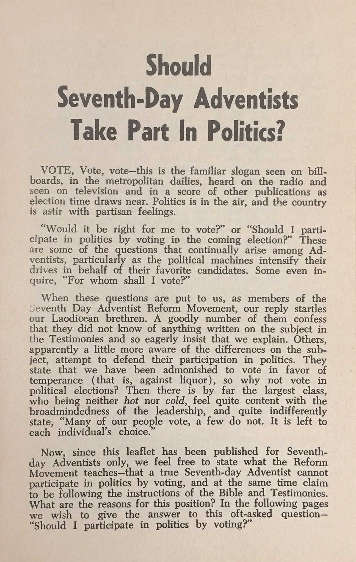 Should SDA Take Part in Politics?